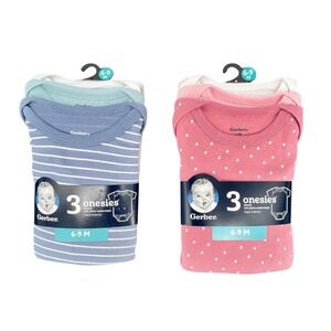 Gerber Onesies Bodysuits Baby 6-9M Blue Pink Bundle Cotton Striped Polka Dot NEW